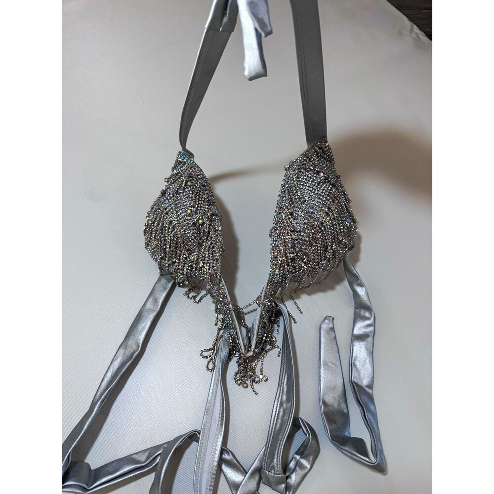 Women's Silver Belly Dance Bra Top with Beaded Sequin Fringe, Satin Straps
